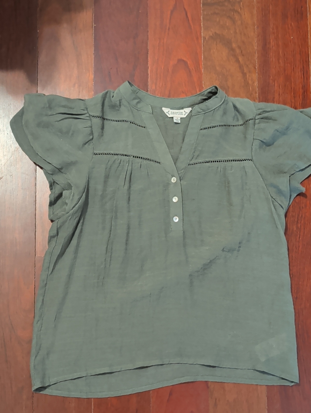 Nanette Lepore Olive Green Flutter Sleeve Henley Blouse Short Sleeve Casual